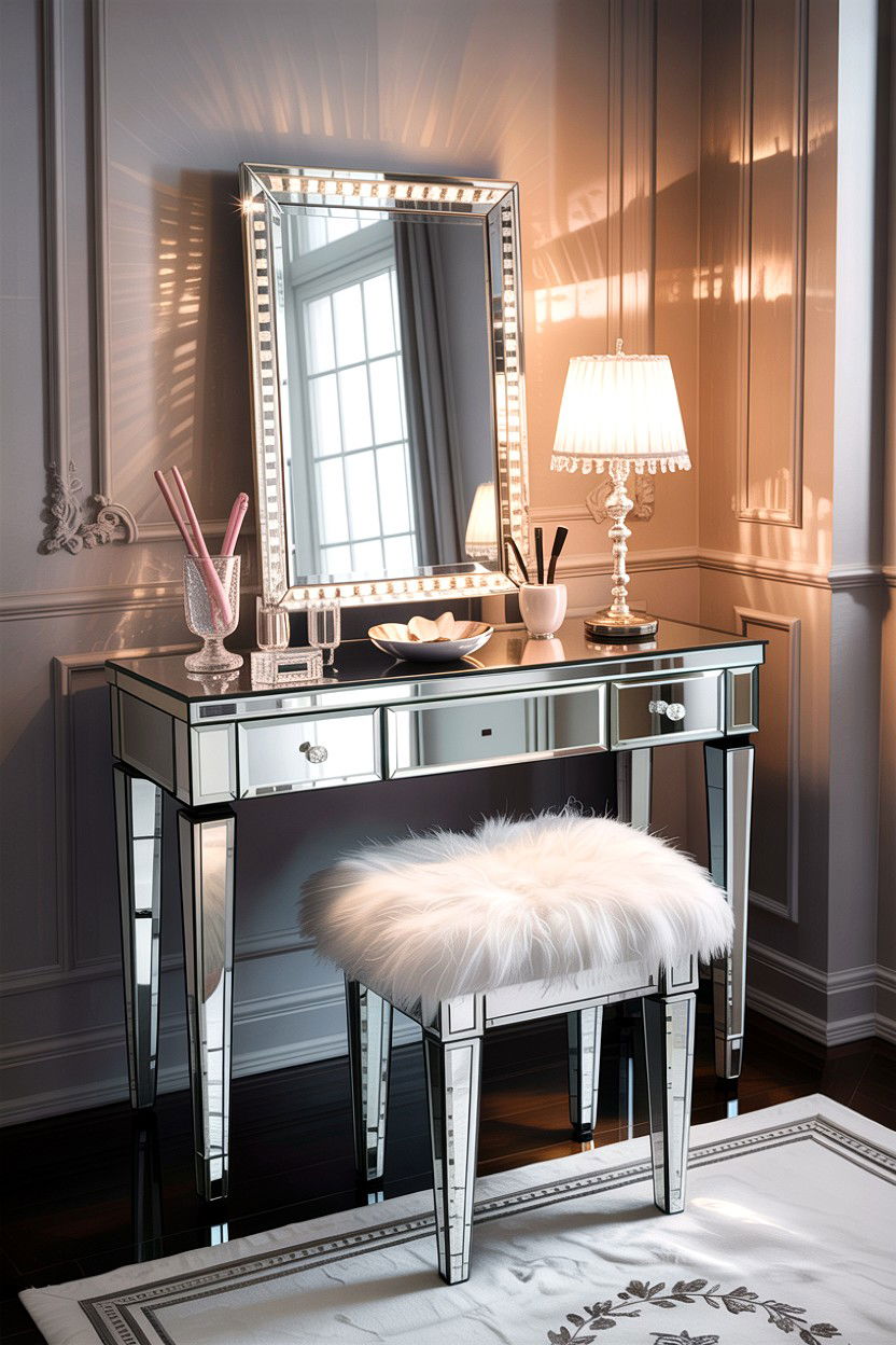 Mirrored Vanity Table - 30 bedroom corner vanity ideas