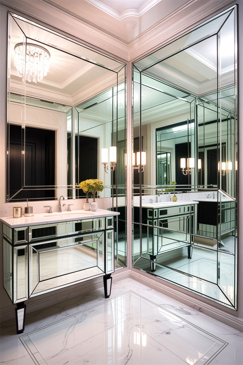 Mirrored wall panels - 30 Hollywood regency bathroom ideas