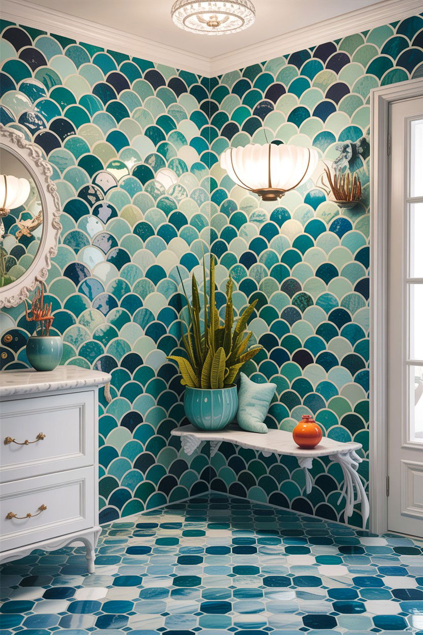 Mixed color mermaid tile design - 30 fish scale tile bathroom ideas
