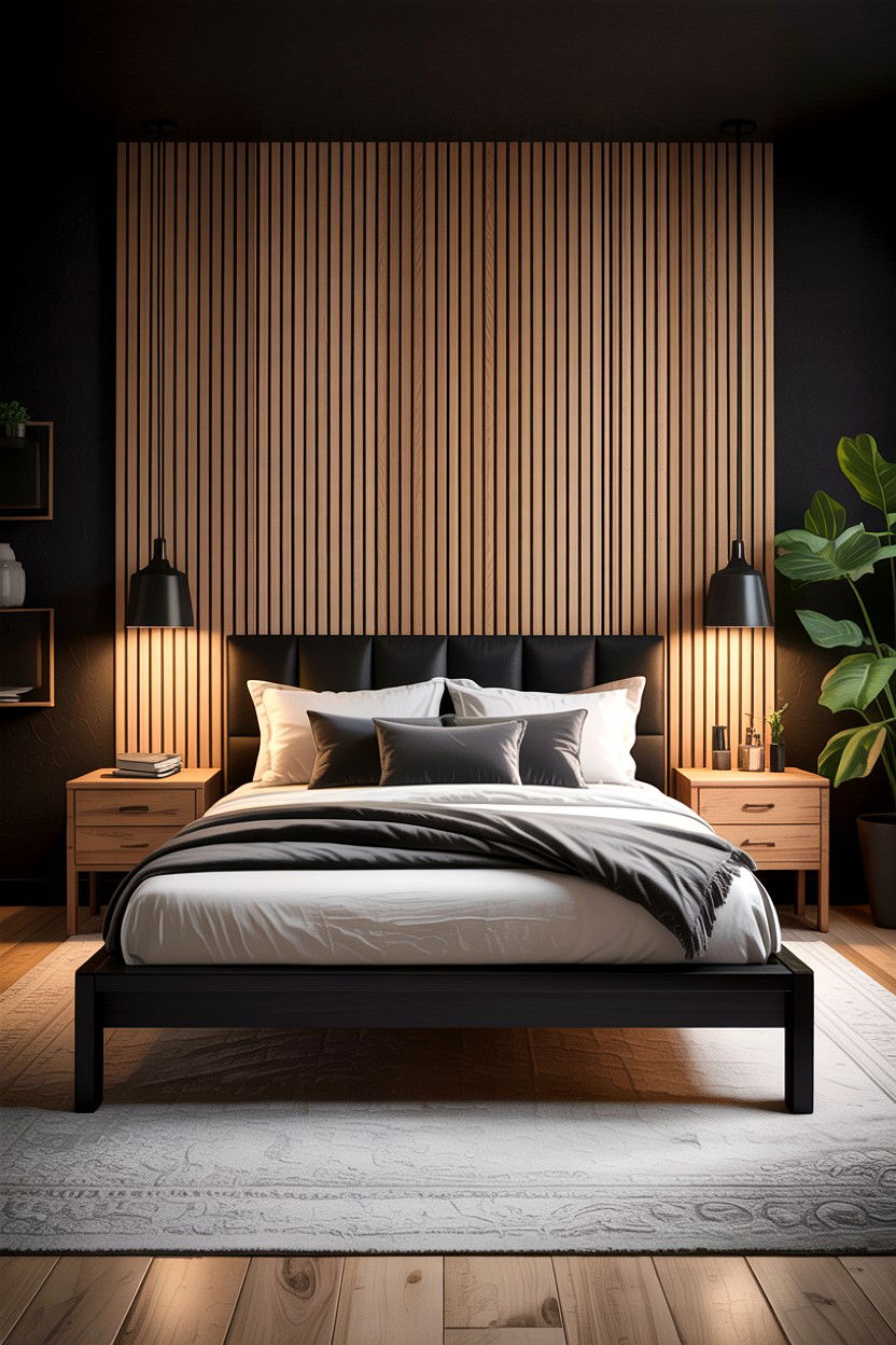 Modern Black and Wood Bedroom - 30 scandinavian black bedroom ideas