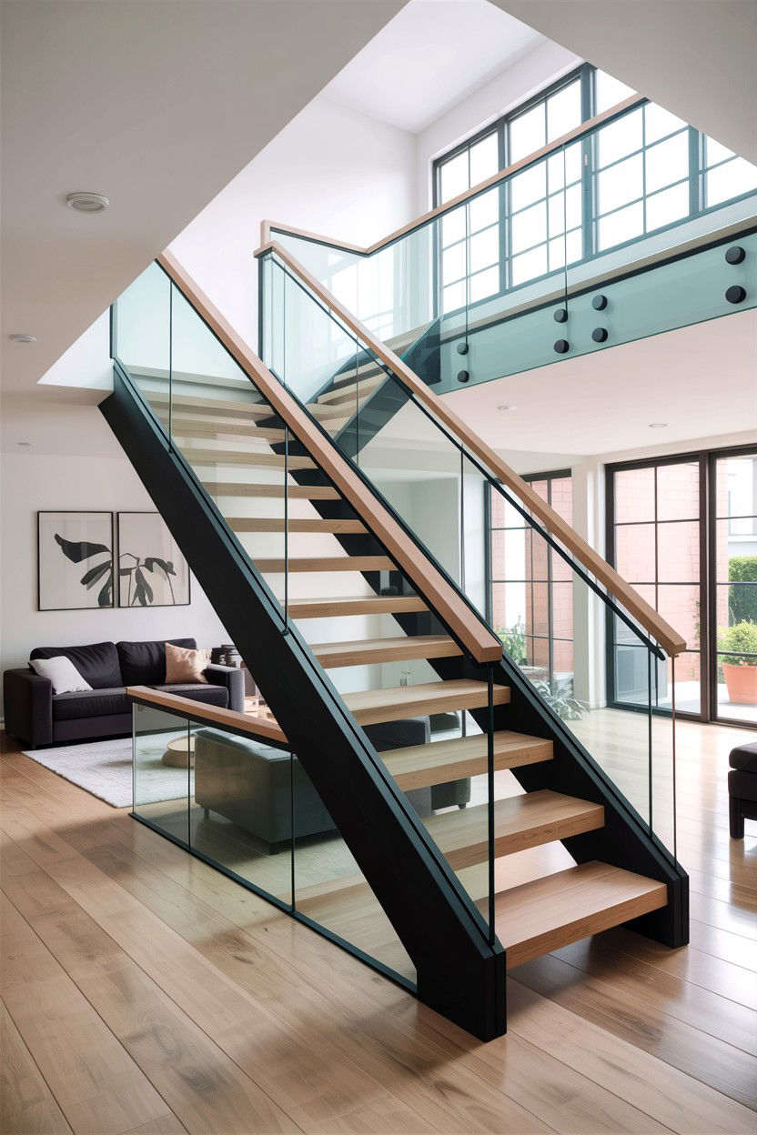 Modern Glass Staircase - 30 high ceiling living room ideas