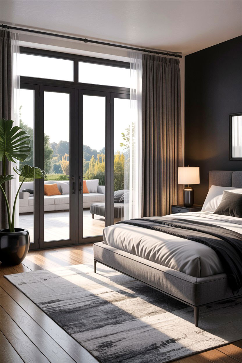 Modern bedroom with black frame patio doors - 30 bedroom with patio doors