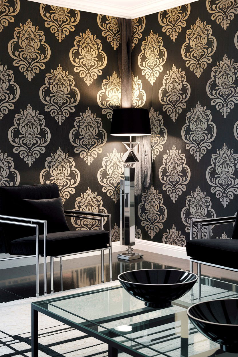 Modern black and silver damask wallpaper - 30 living room damask wallpapers