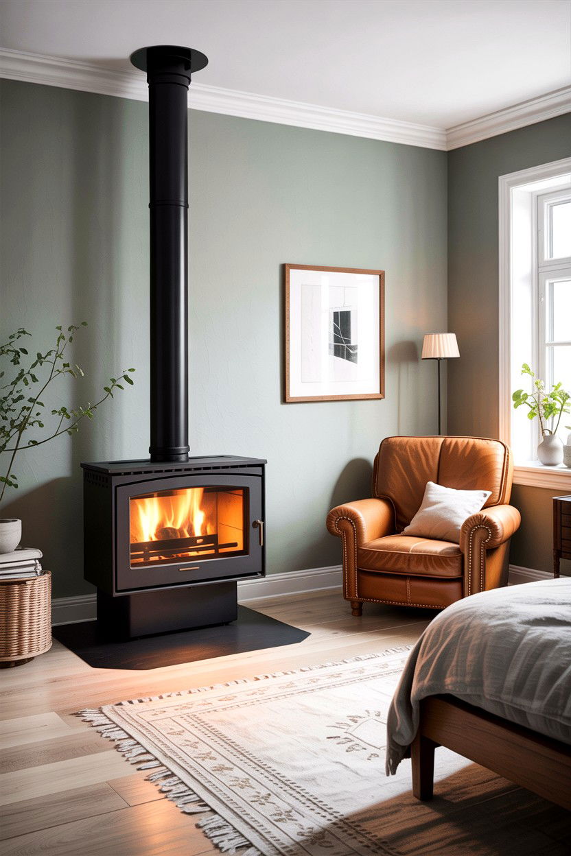 Modern black wood stove - 30 bedroom wood burning fireplace ideas