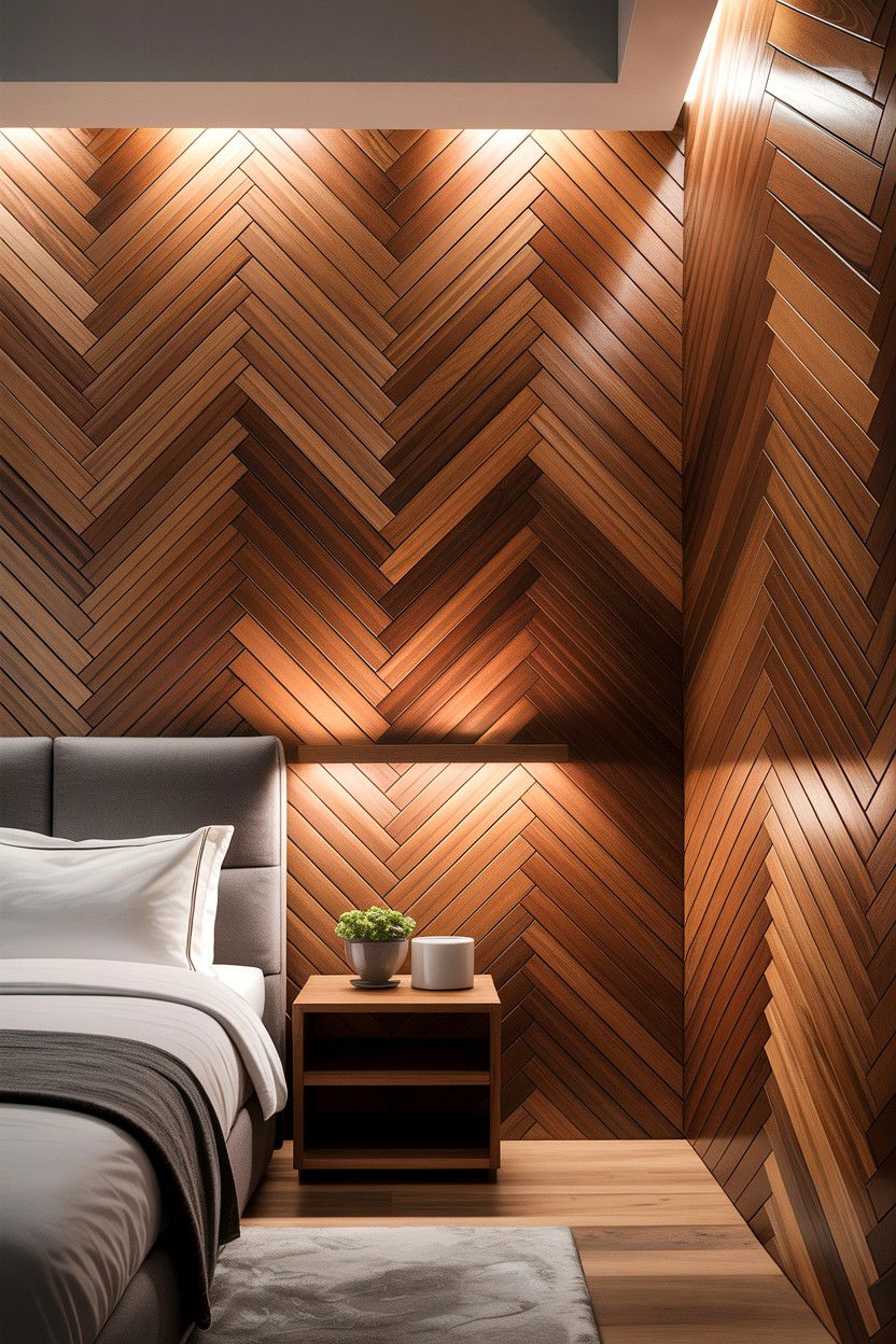 Modern herringbone slat wall - 30 bedroom herringbone wall ideas