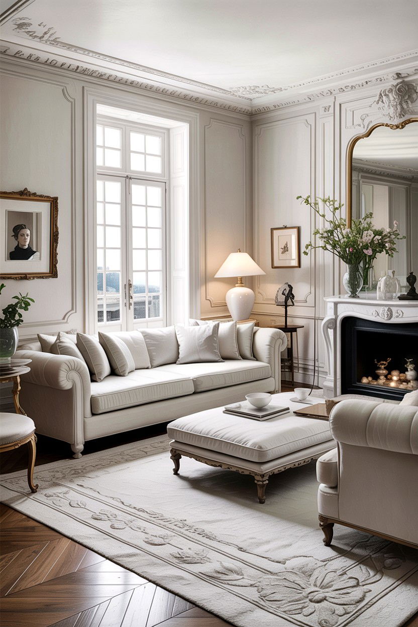 Monochromatic French Living Room - 30 French living room ideas
