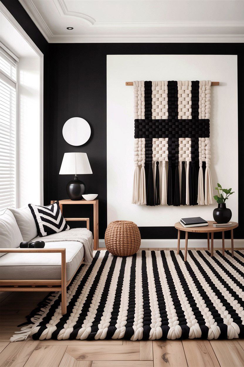 Monochrome Living Room Woven Texture - 30 handwoven living room ideas