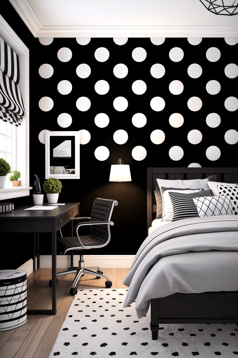Monochrome Polka Dot Teen Room - 30 bedroom polka dot walls
