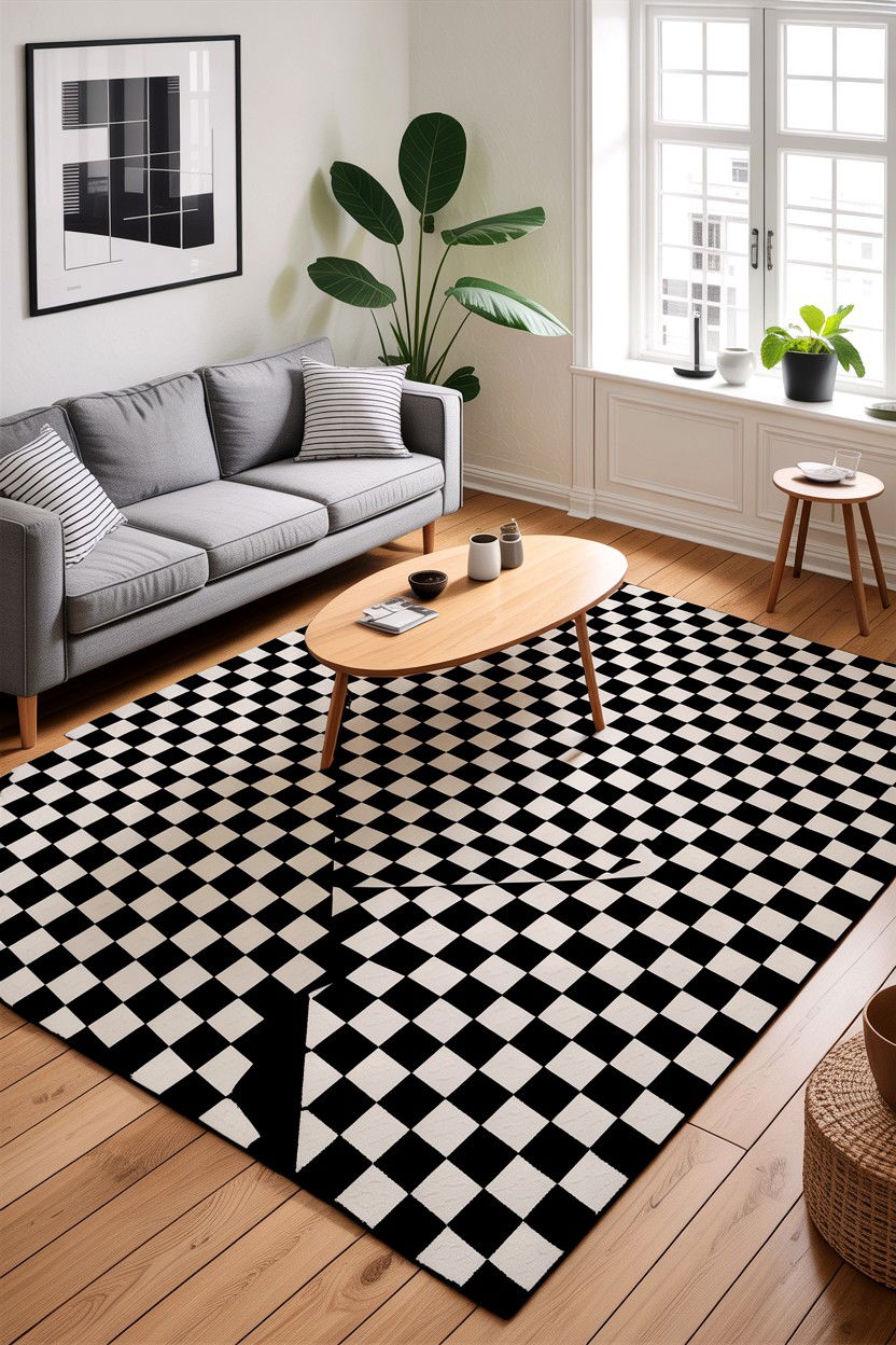 Monochrome area rug - 30 scandinavian black living room ideas