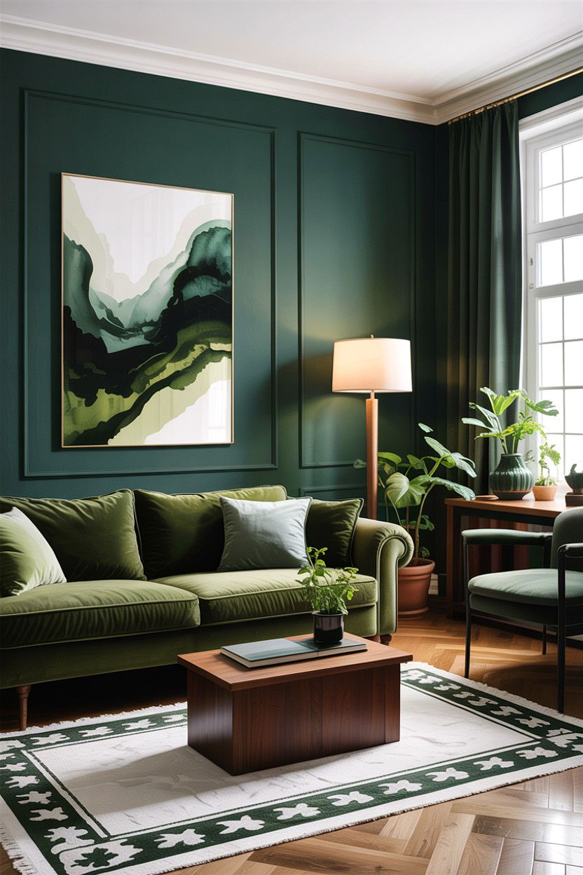 Monochrome forest green layering - 30 forest green living room ideas