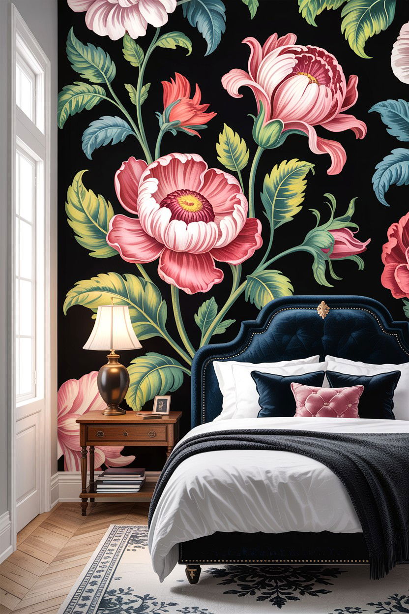Moody Floral Wallpaper - 30 dark academia bedroom ideas