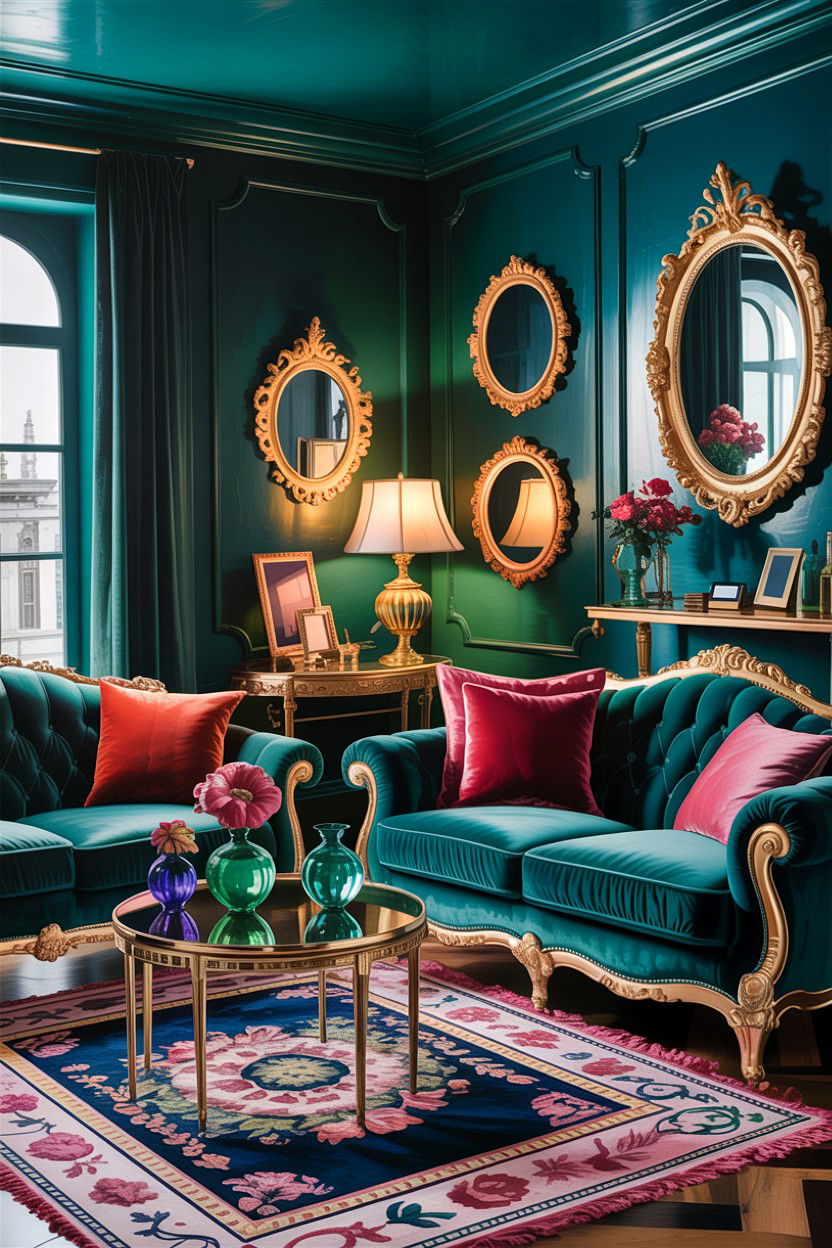 Moody jewel tone living room - 30 cluttercore living room ideas