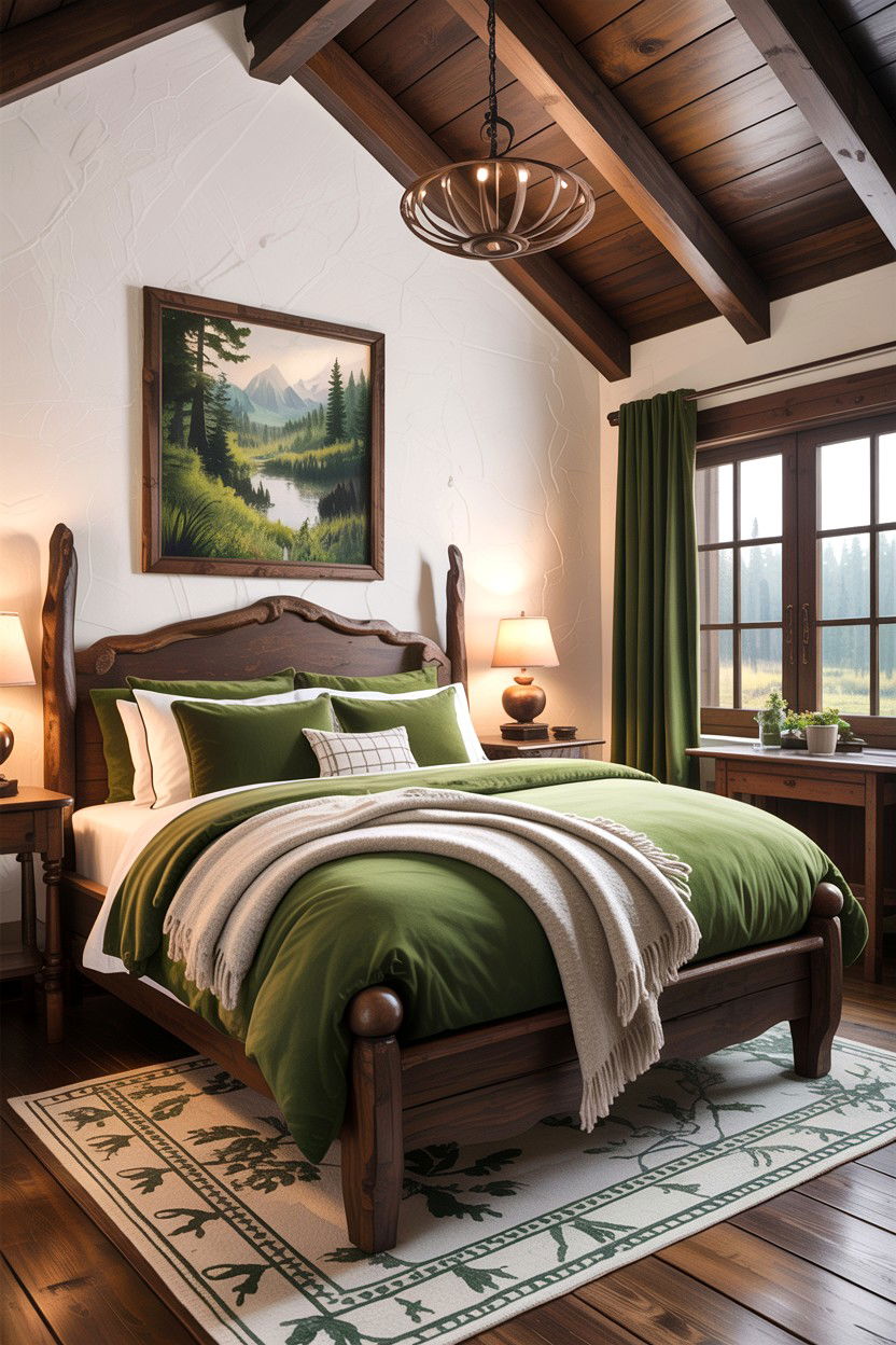 Moss green rustic bedroom - 30 green and white bedroom ideas