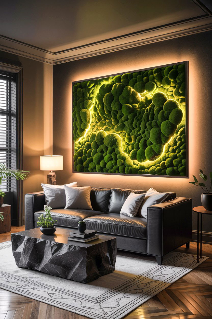 Moss wall - 30 garden themed living room ideas