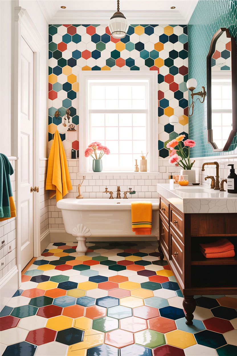 Multi color hexagon tile floor - 30 honeycomb tile bathroom ideas