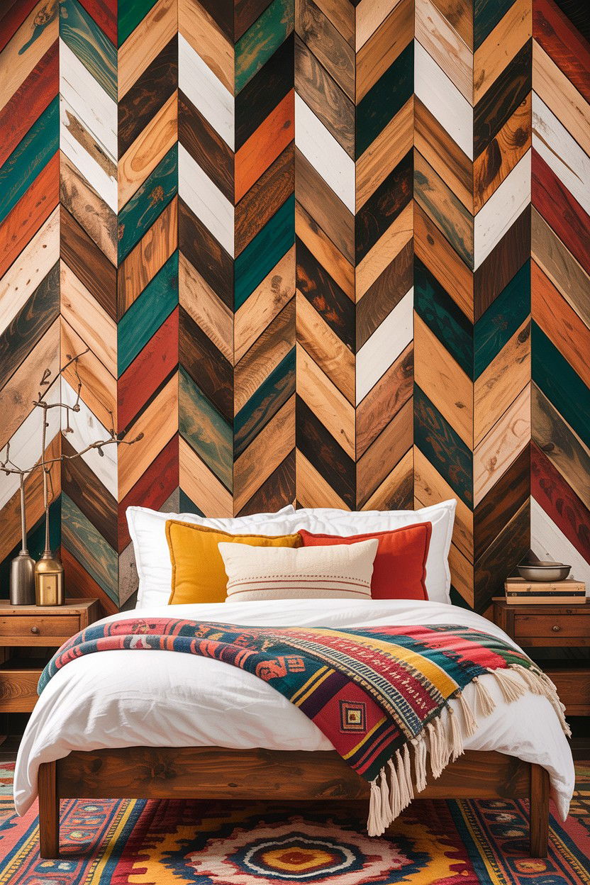 Multi tone wood herringbone wall - 30 bedroom herringbone wall ideas