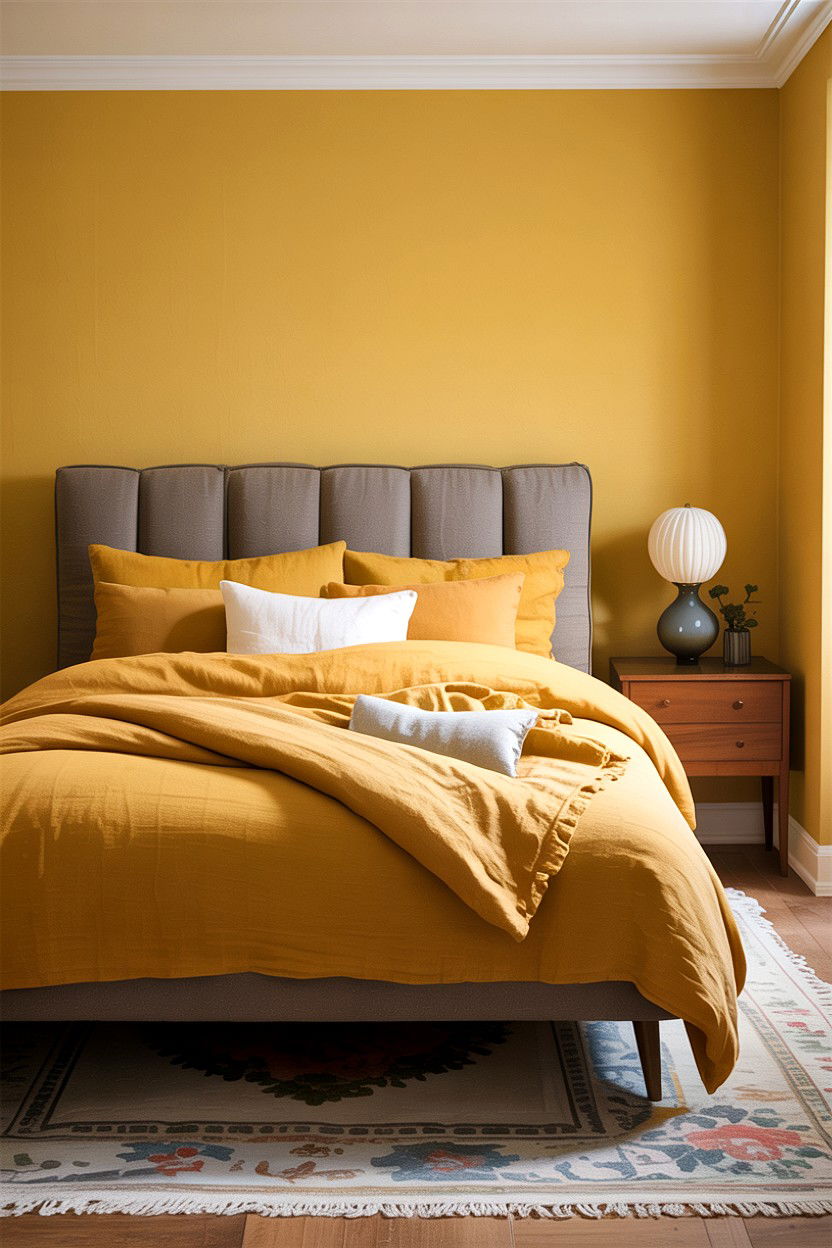 Mustard Yellow Linen Bed - 30 bedroom linen bedding ideas