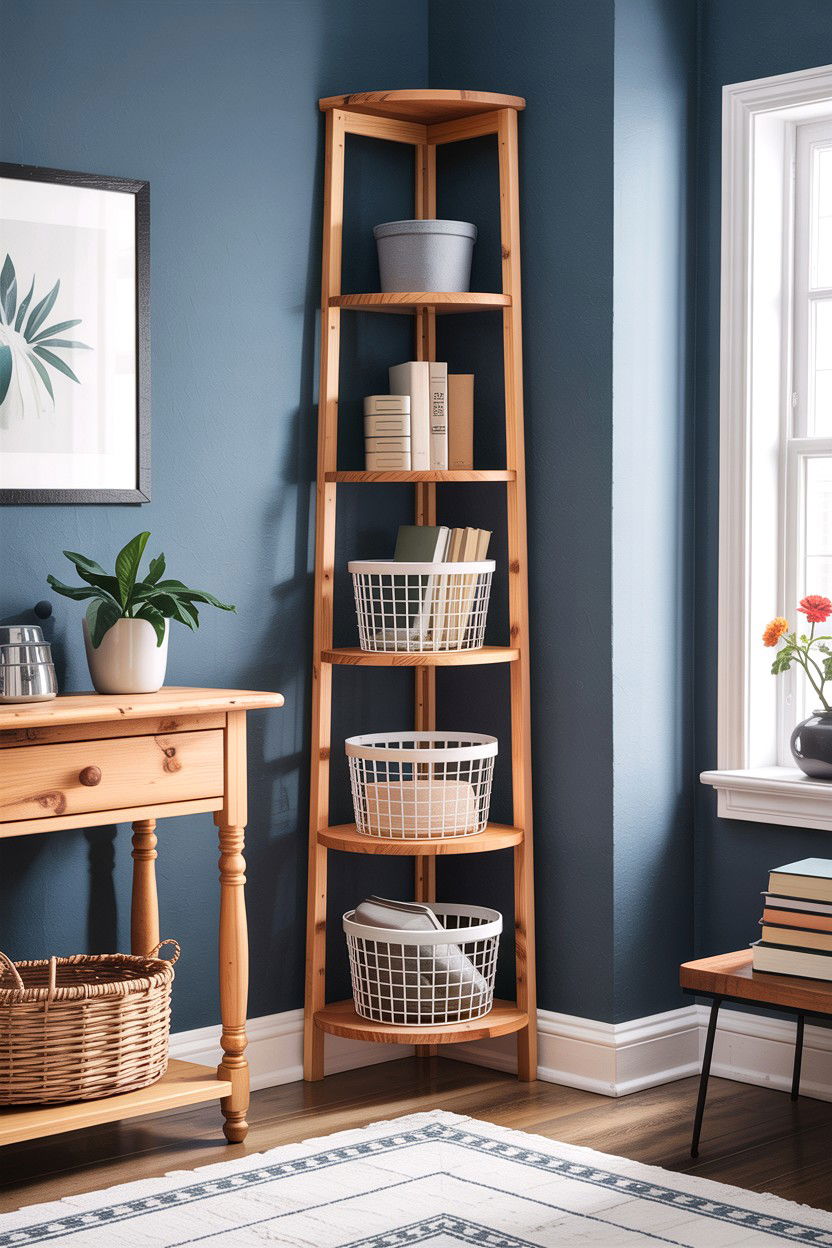 Narrow corner tower shelf - 30 living room corner shelf ideas