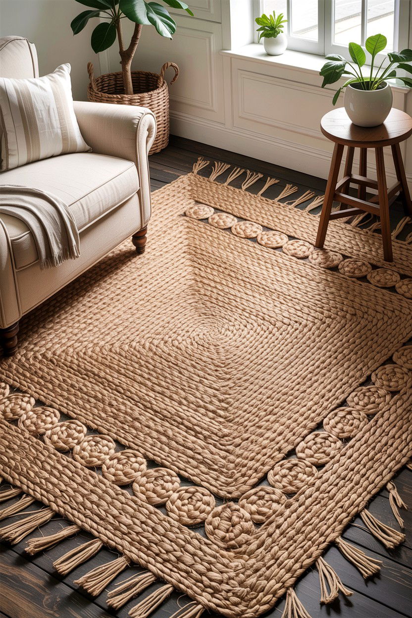 Natural Jute Rug - 30 living room farmhouse furniture ideas