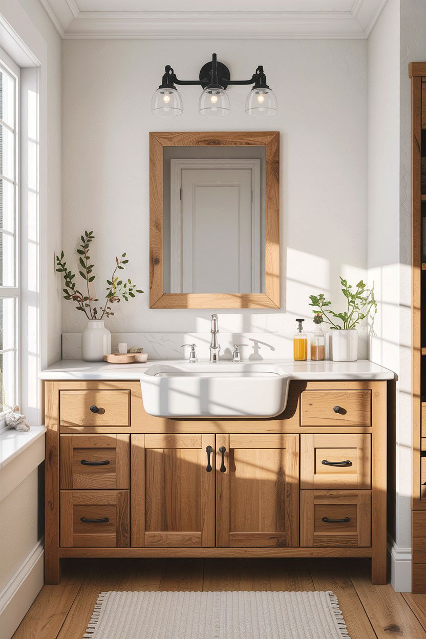 Natural Oak Vanity Farmhouse Sink - 30 farmhouse sink bathroom ideas