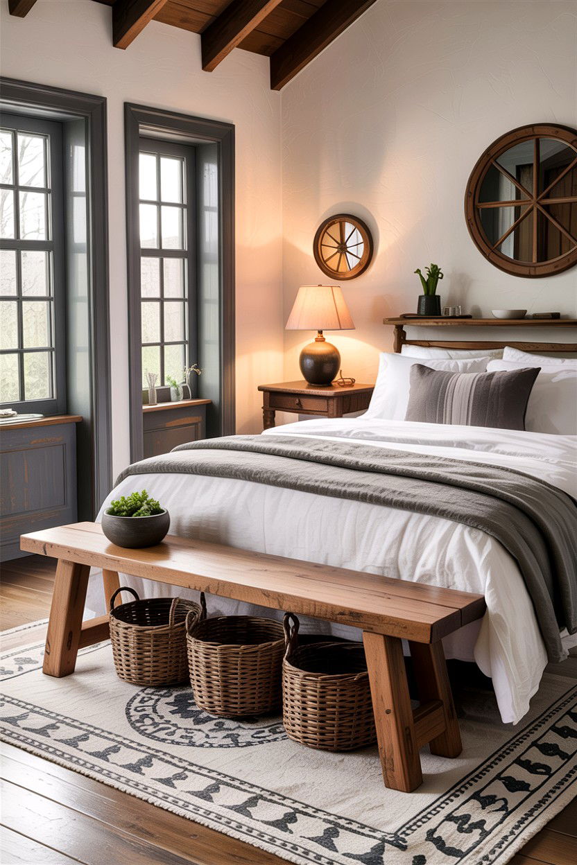 Natural Wood Bench - 30 rustic grey bedroom ideas