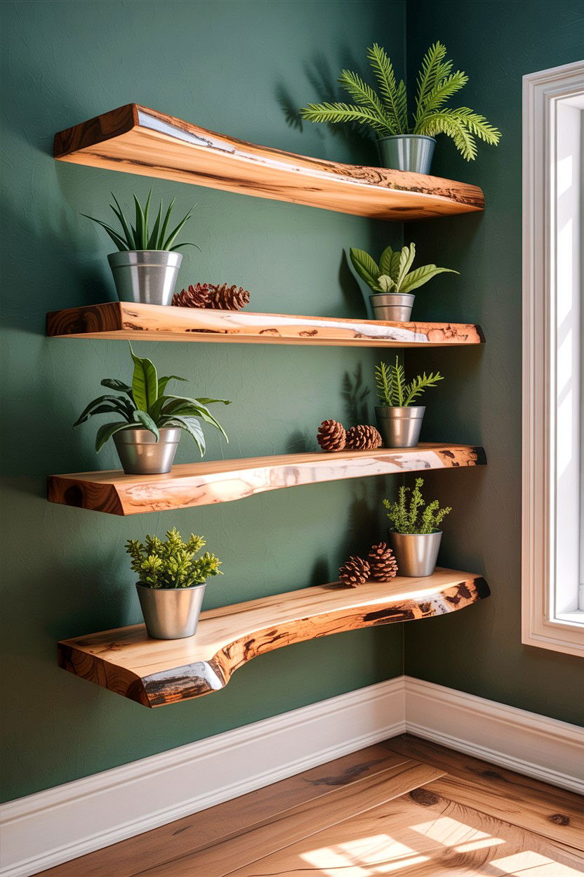 Natural Wood Floating Shelves - 30 forest bedroom ideas