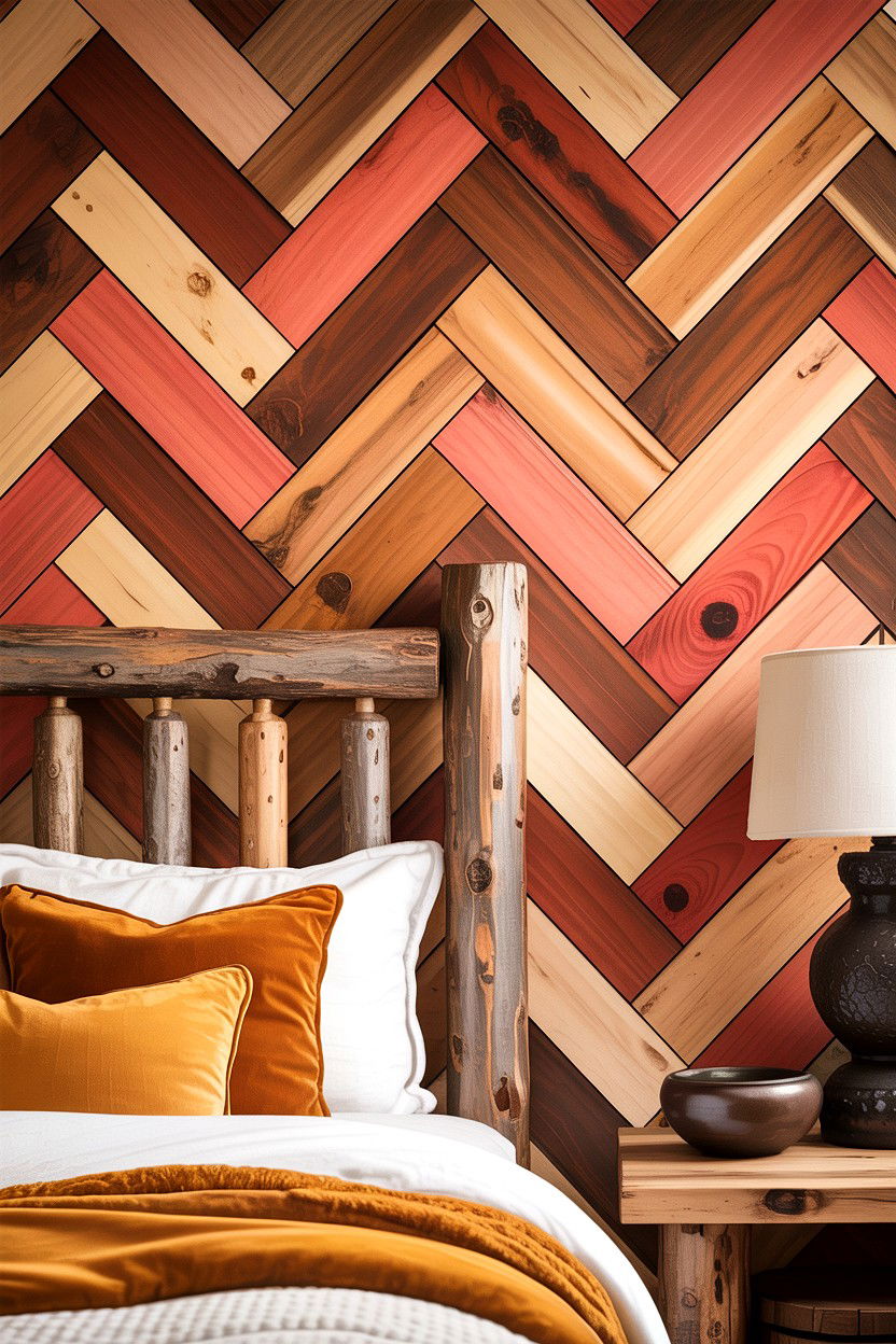 Natural cedar herringbone wall - 30 bedroom herringbone wall ideas