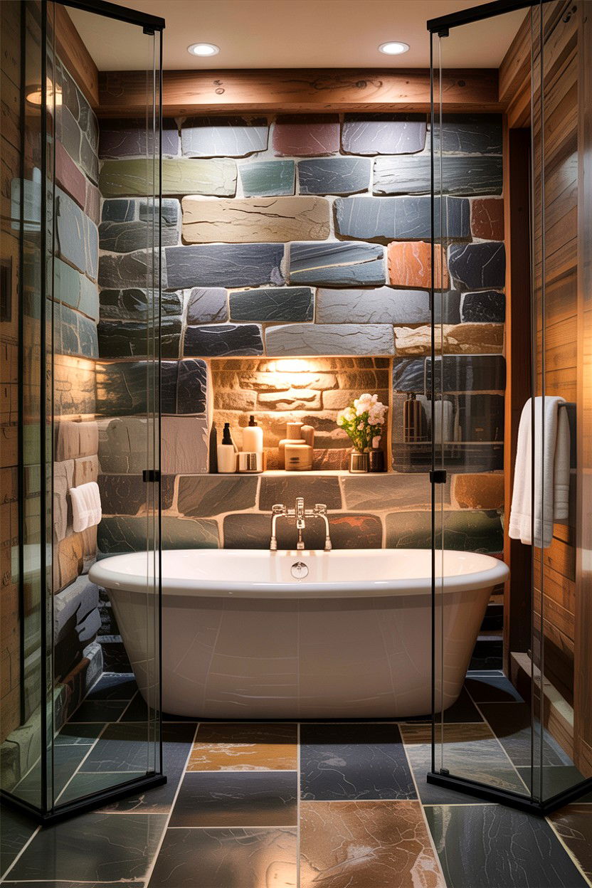 Natural stone wall - 30 home spa bathroom ideas