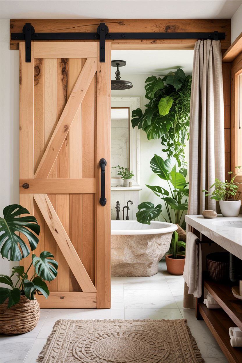 Natural wood barn door - 30 bathroom barn door ideas