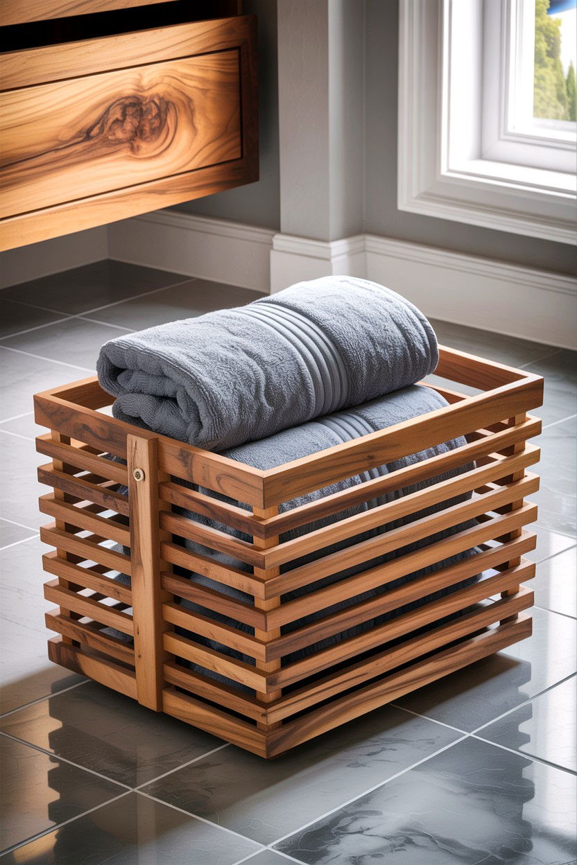 Natural wood slat baskets - 30 bathroom basket storage ideas