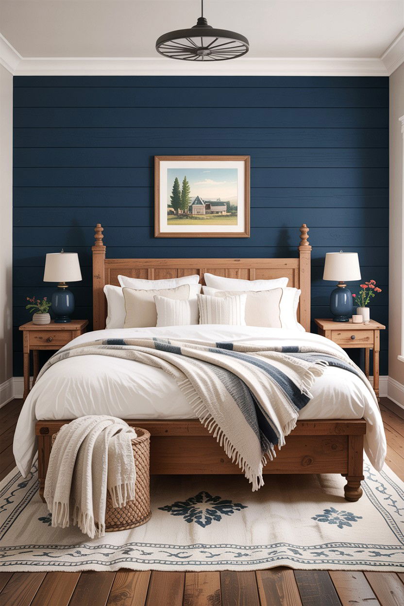 Navy Blue Shiplap Wall - 30 rustic blue bedroom ideas