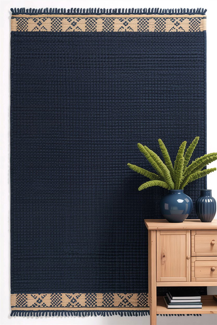 Navy Blue Woven Rug - 30 rustic blue bedroom ideas