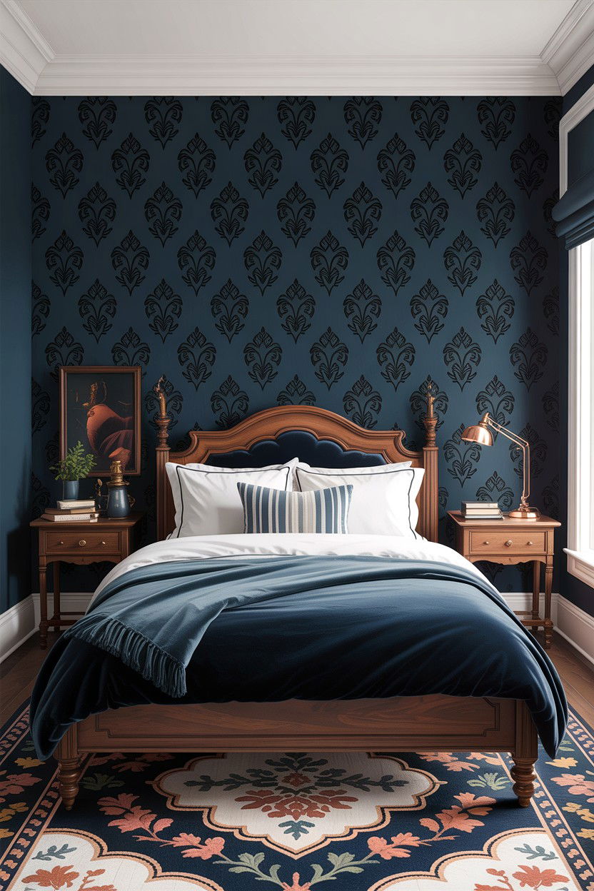 Navy Damask Wallpaper - 30 bedroom damask wallpapers