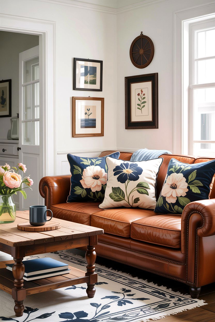 Navy Floral Pillow Living Room - 30 rustic navy living room ideas