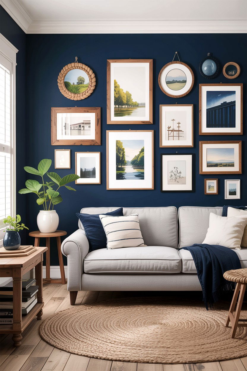 Navy Gallery Wall Living Room - 30 rustic navy living room ideas