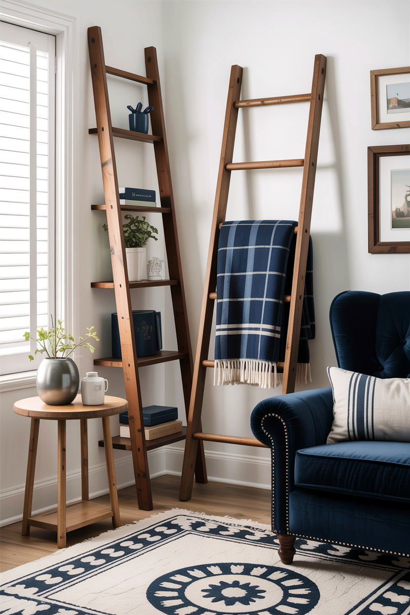 Navy Ladder Shelf Living Room - 30 rustic navy living room ideas