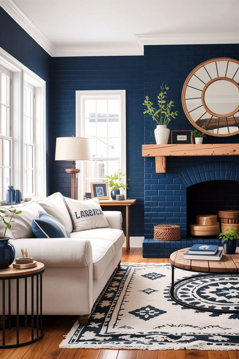 Navy Painted Brick Living Room - 30 rustic navy living room ideas