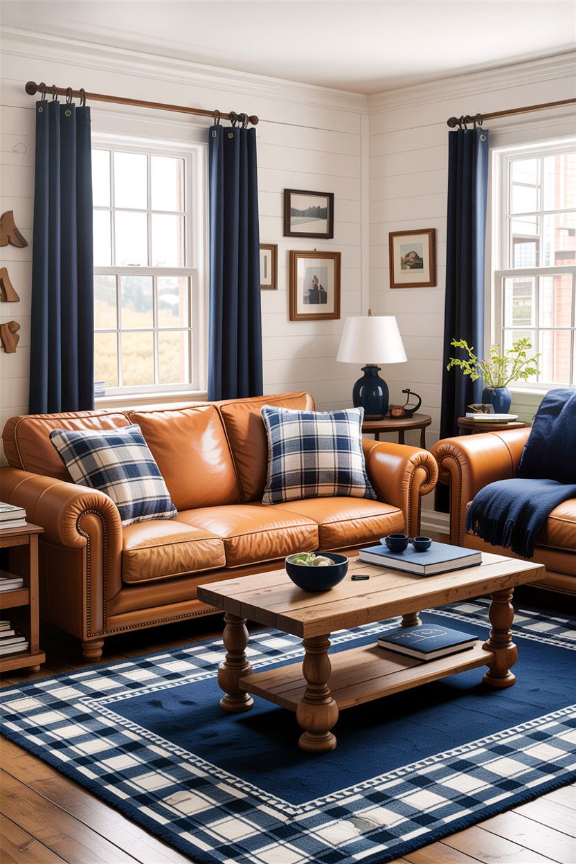 Navy White Plaid Living Room - 30 rustic navy living room ideas