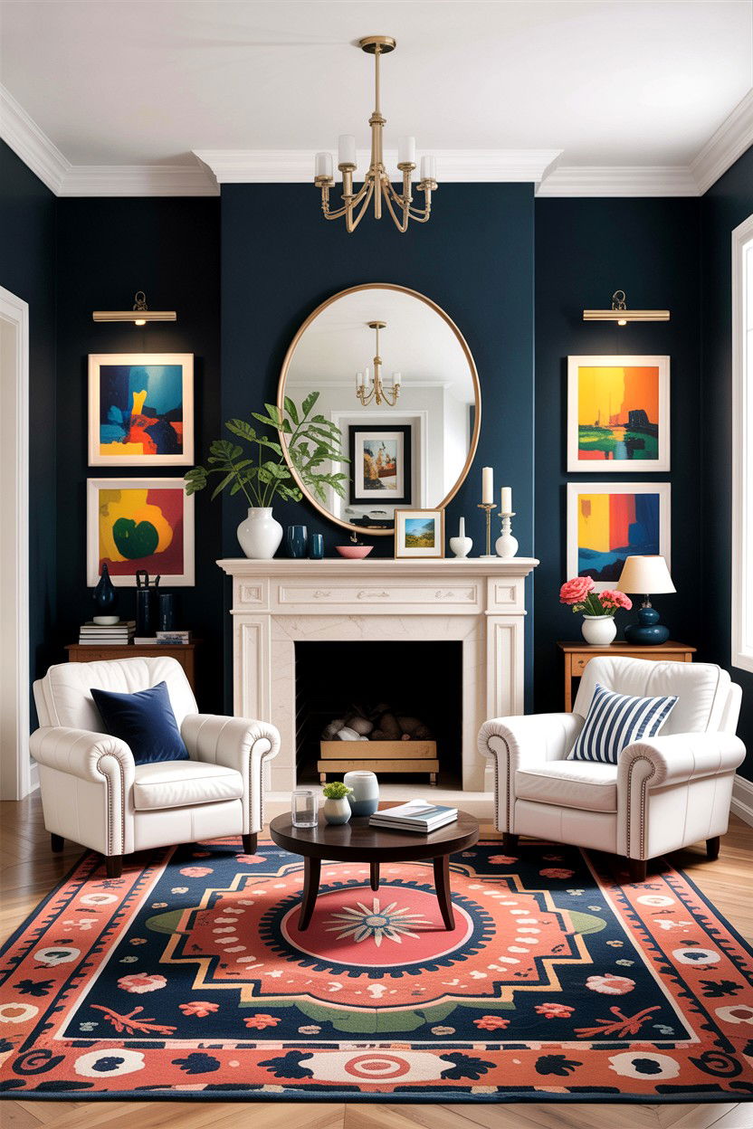 Navy accent wall - 30 blue and white living room ideas
