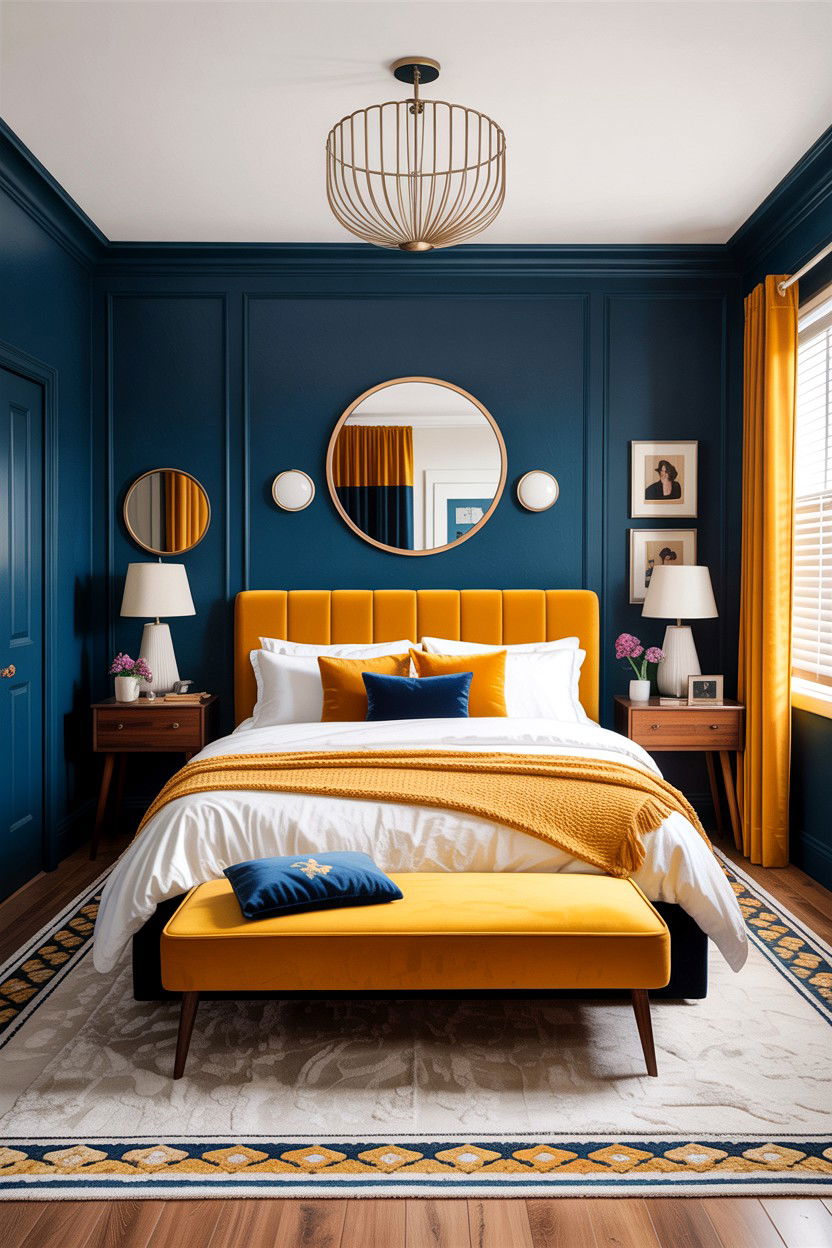Navy and mustard bedroom - 30 colorful bedroom ideas