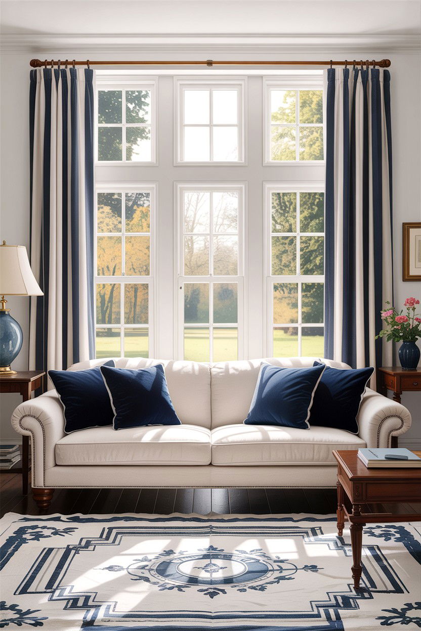 Navy and white striped curtains - 30 traditional navy living room ideas