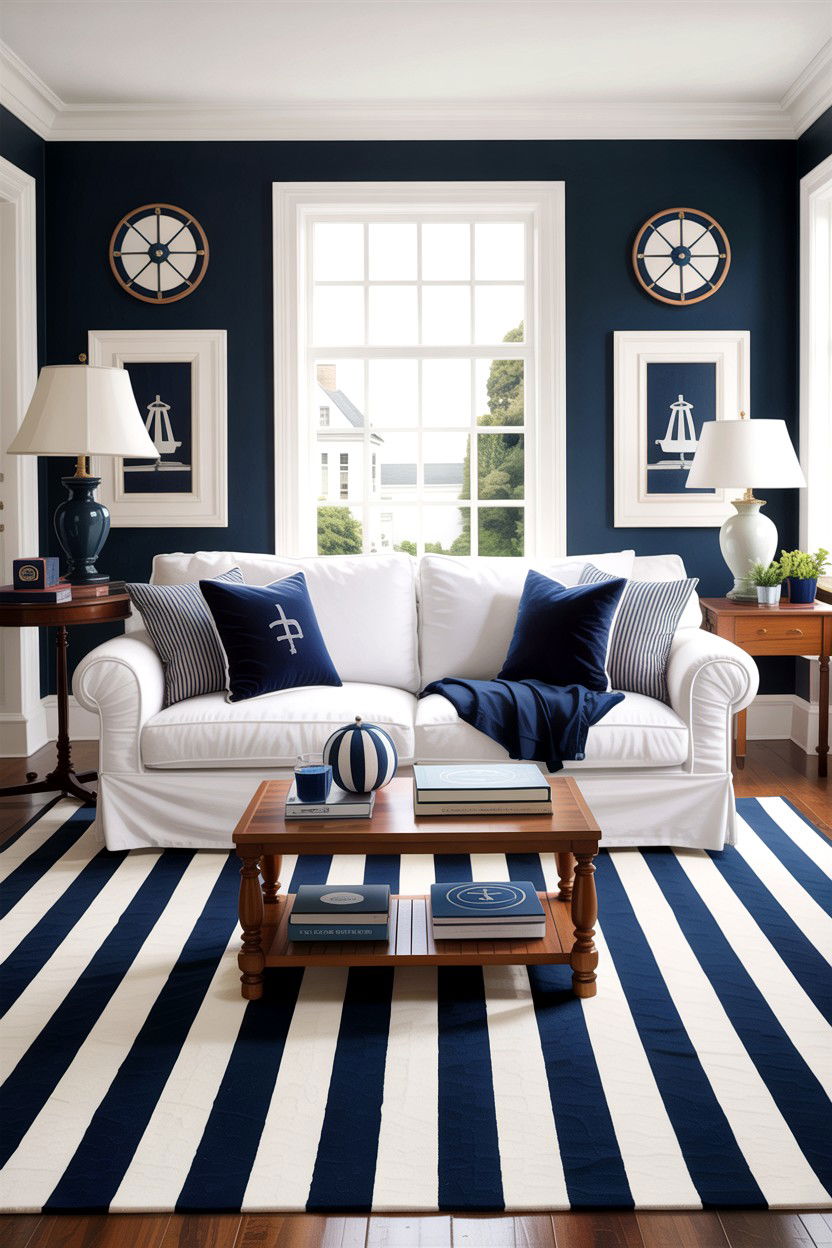 Navy and white stripes - 30 blue and white living room ideas