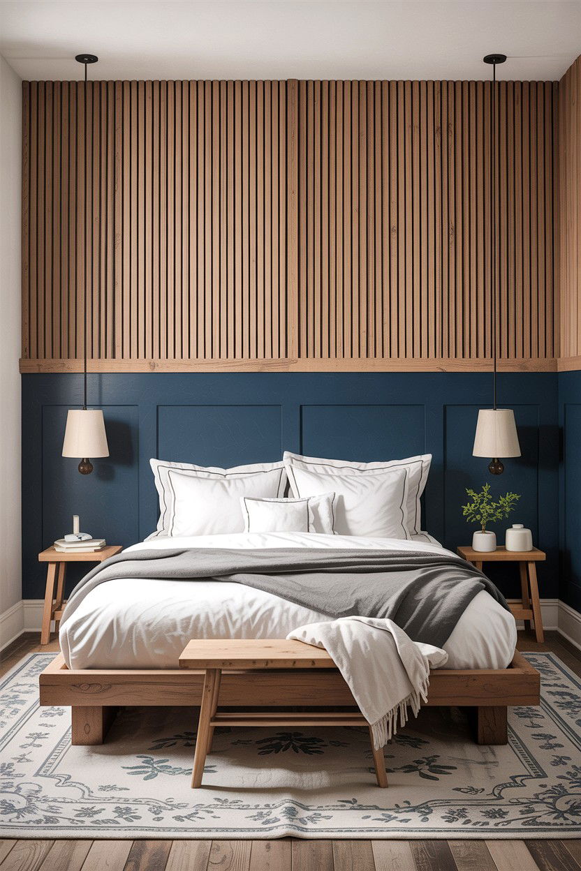 Navy and wood accent wall - 30 rustic navy bedroom ideas