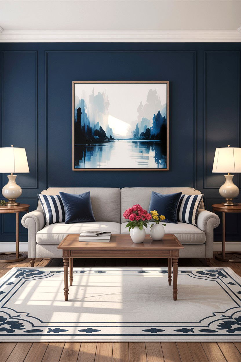 Navy blue accent wall - 30 traditional navy living room ideas