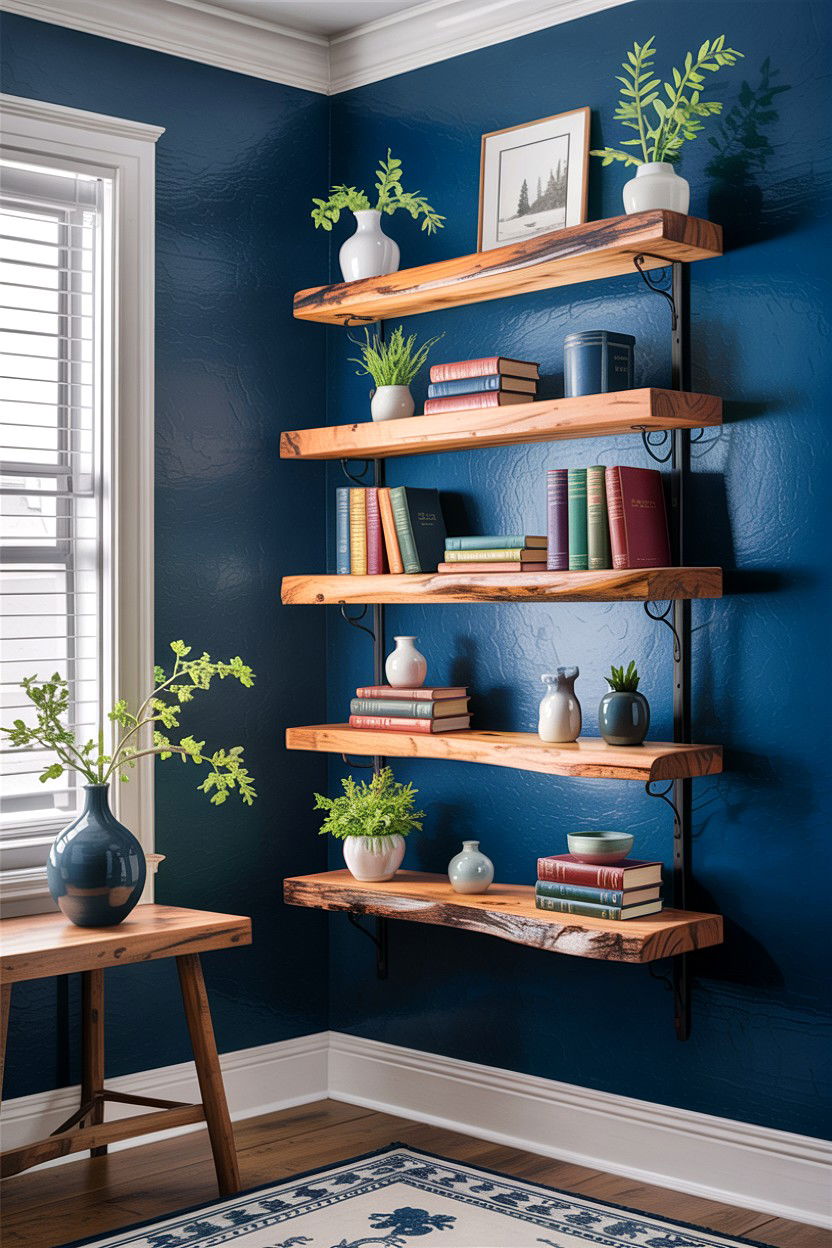 Navy blue accent wall with wood shelves - 30 rustic navy bedroom ideas