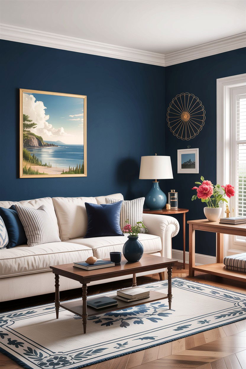 Navy blue accent wall - 30 cape cod living room ideas