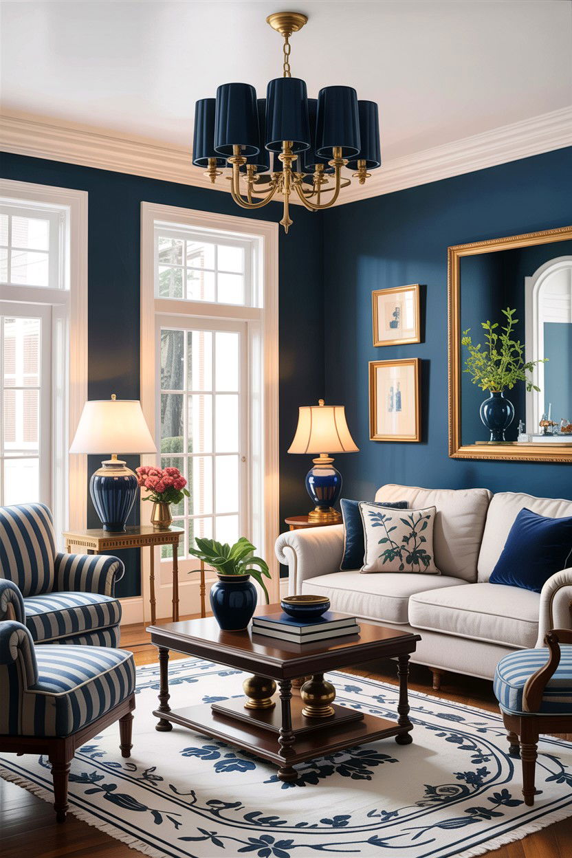 Navy blue and brass lighting - 30 traditional navy living room ideas