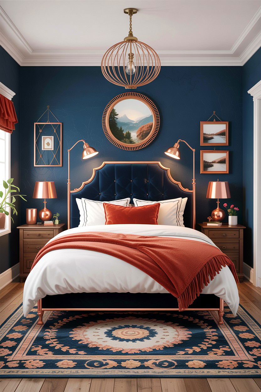 Navy blue and copper bedroom decor - 30 rustic navy bedroom ideas