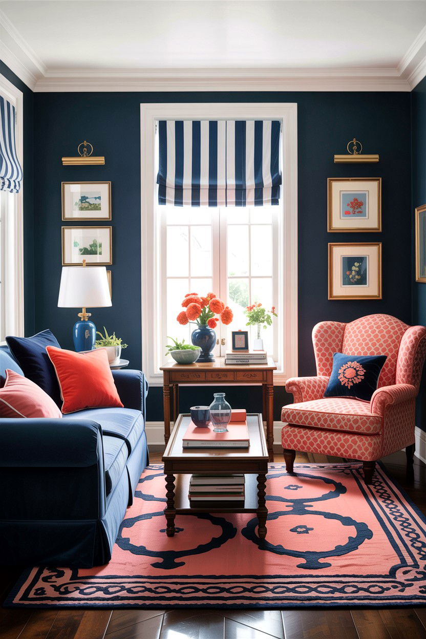 Navy blue and coral accents - 30 traditional navy living room ideas