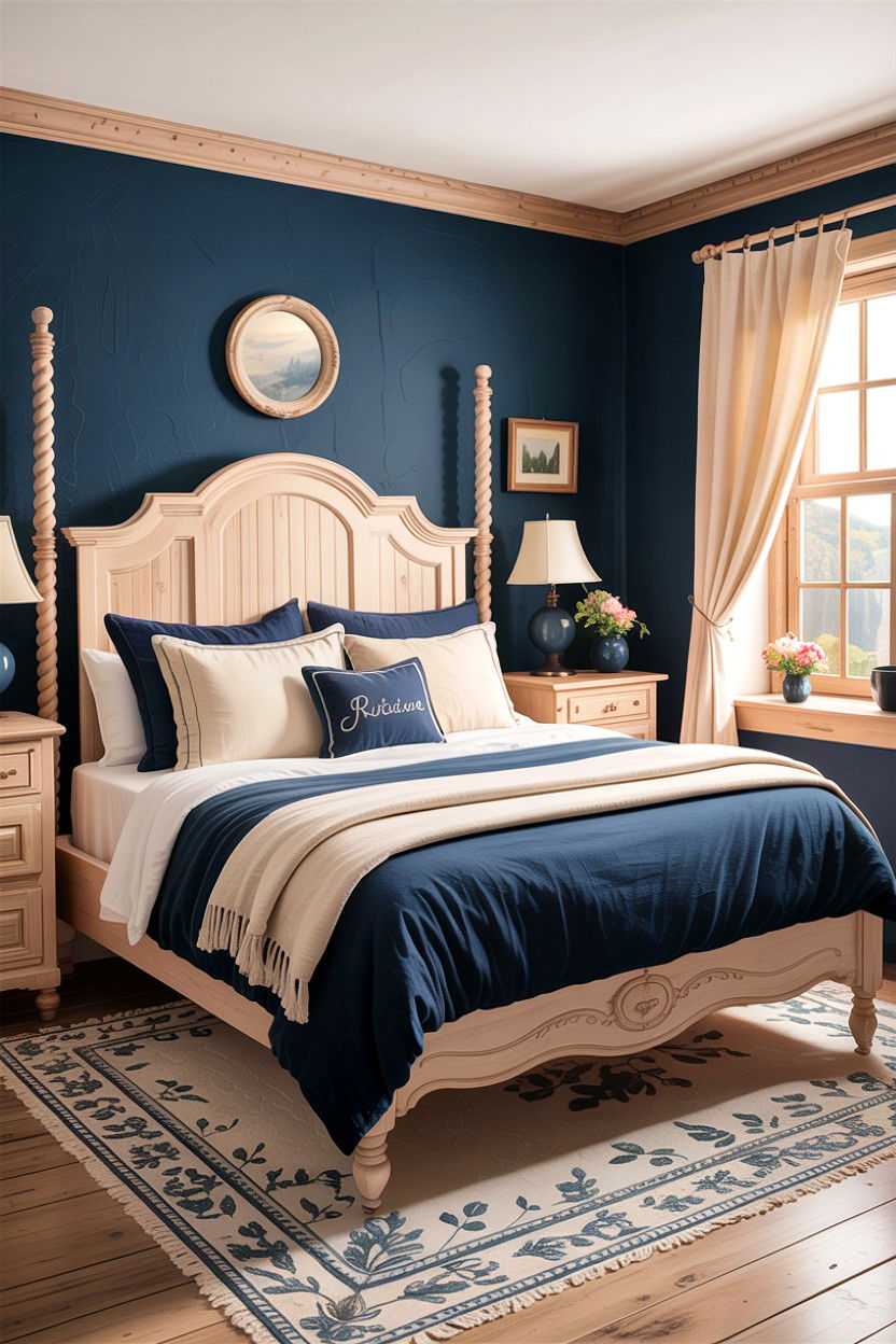 Navy blue and cream rustic bedroom - 30 rustic navy bedroom ideas